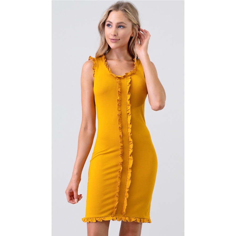 Mustard Yellow Ruffle Stretch Mini Dress NWT - Picture 3 of 4
